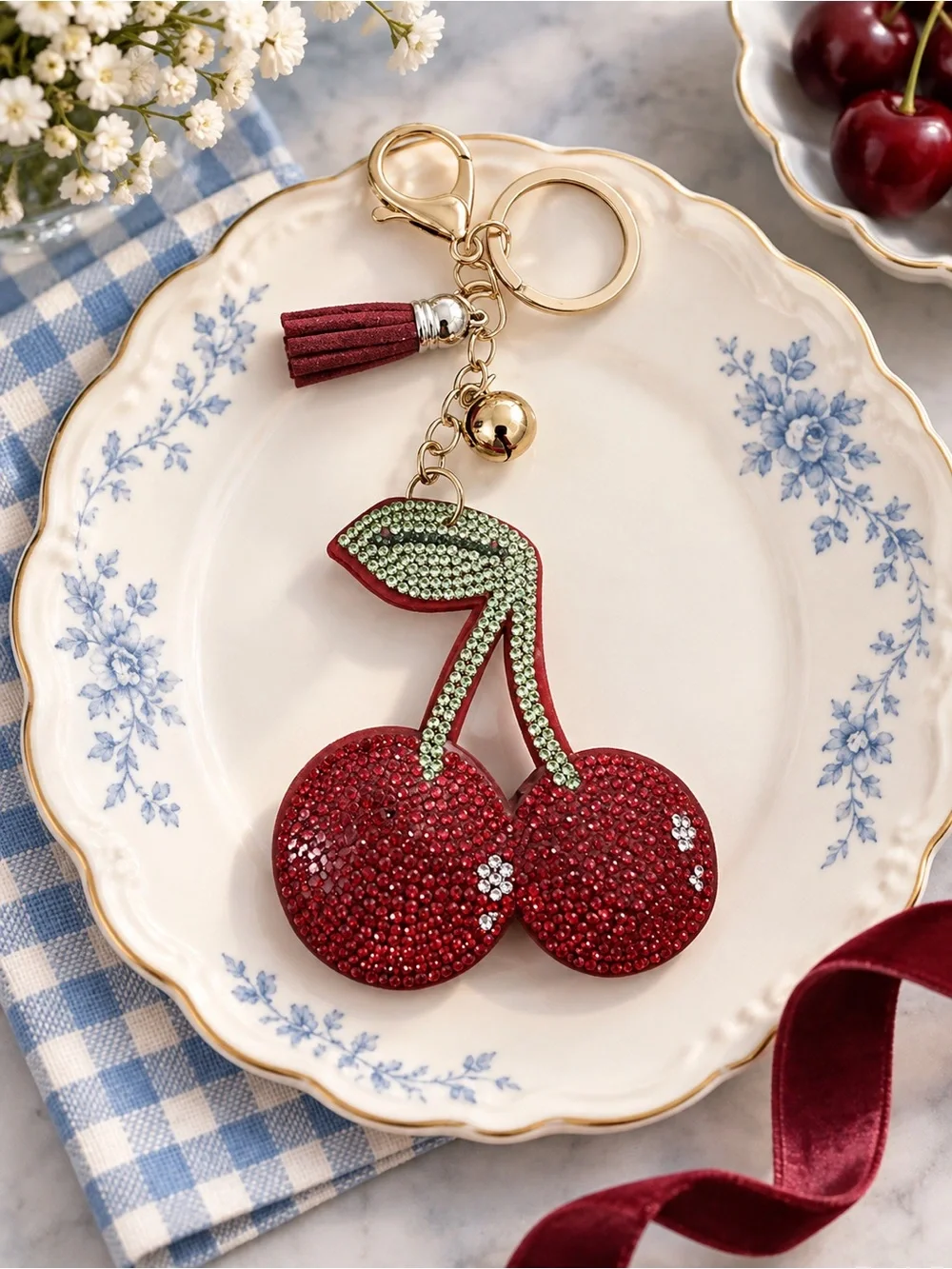 Cherry Bag‎ Charm! It's Red & Green Beaded Cherry Keychain with Tassel. New.